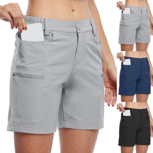 Women Summer Casual Shorts Solid Color High Waist Elastic Cargo Short Pants Pockets Girl Streetwear