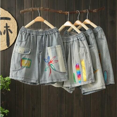 New Women Denim Shorts Summer Vintage Loose Washed Bleached Painted Pocket Patchwork Distressed Female Half Length Wide Leg Pant