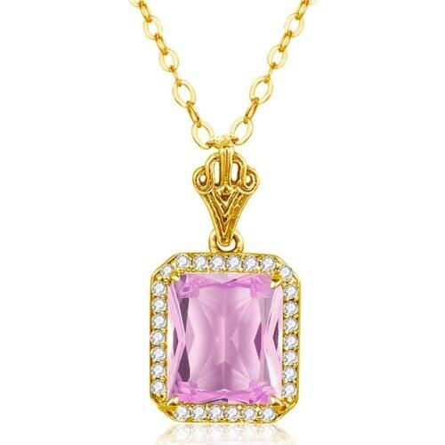 Silver Sterling S925 Necklace Pendant for Women Gold Pink Crystal Gemstone Pendants With Diamond Square Wedding Fine Jewelry