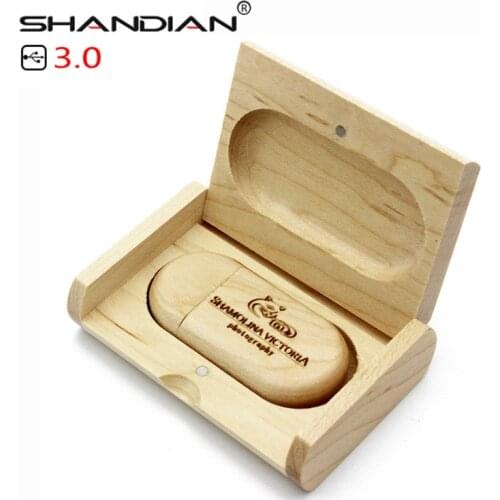 SHANDIAN USB 3.0 1PCS free custom logo USB Flash Drive Oval Pendrive 4GB 16GB 32GB 64GB Gift Pen Drive with Wooden Box