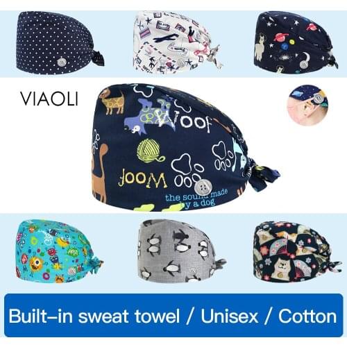 Viaoli new men and women sweat-absorbent cartoon printing Adjustable Scrubs Cap Button cap work hats Scrub Cap Wholesale prices