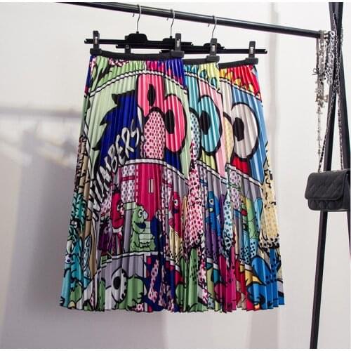 Cartoon Mouse Print High Waist Skirt Pleated Strechy Midi Autumn Skirts for Women A Line Faldas Mujer Sweet Girls Fashion 2020