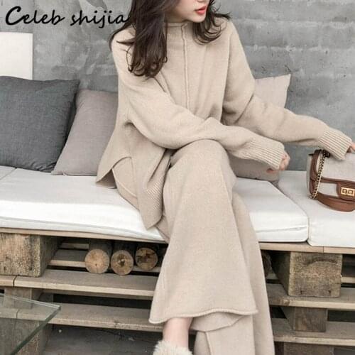 Streetwear Womens 2 Piece Sets Autumn Loose Sweater + High Waist Pants Female Winter Oversized Elegant Business Knit Pant Sets