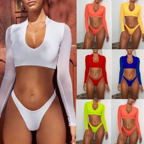 Surfing Swimsuit Women 2021 Bikini Long Sleeve Fluorescent Mesh Swimwear Push Up Summer Thong Bath Suit Two Piece U-neck Biquini