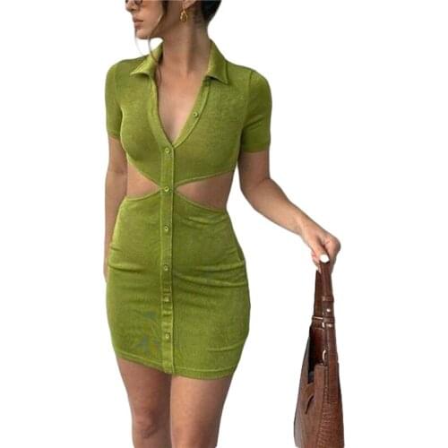 Xingqing Female Dress Fashion Solid Color Turn-Down Collar Short Sleeve Package Hip Dress Single Breasted Shirt Dresses Clubwear