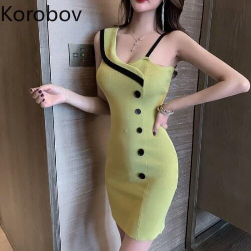 Korobov Sexy Women Spaghetti Strap Dress Vintage Button Hit Color Patchwork A-Line Dresses Streetwear Sexy Knitted Vestidos