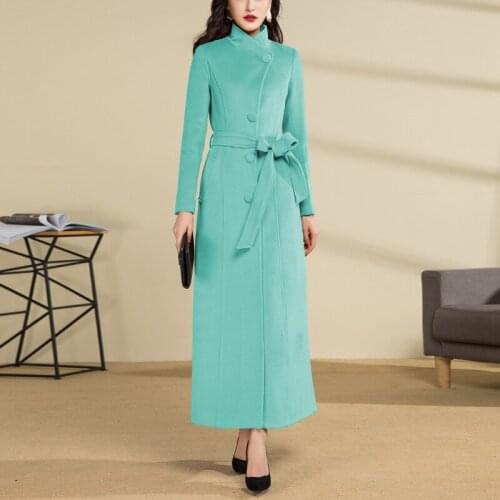 Plus Size 3XL Slim Stand Collar Woolen Coat Single-Breasted Autumn Winter X-Long Wool Blends Belt Overcoat Female Outerwear