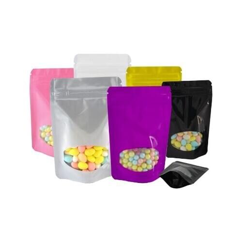 100 Uds colores metalizados de pie bolsas con cierre Zip con ventana transparente para la merienda de almacenamiento bolsa resel