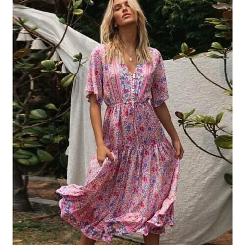 2020 Boho Chic Sexy Floral Printed Maxi Dress Short Sleeve V Neck Vintage Vestido Summer Beach Casual Clothes Long Women Dresses