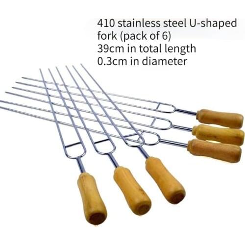 6Pcs BBQ Forks Stainless Steel Wooden Handle Double Grilled Skewers Chicken Wings Fork BBQ Roasting Needle Bbq Accessories