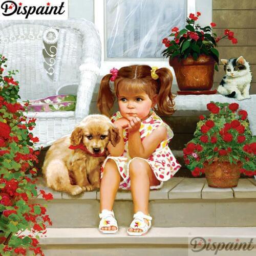 Dispaint Full Square/Round Drill 5D DIY Diamond Painting "Girl dog" Embroidery Cross Stitch 3D Home Decor A11213