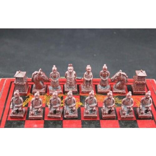 Chinois 32 pièces jeu d'échecs/boîte/Xian terrasses guerrier jardin décoration 100% réel tibétain argent laiton