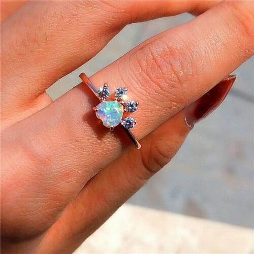 Classic Cat Paw Dog Claw Heart Stone Ring White Blue Purple Opal Rings For Women Wedding Boho Silver Color Animal Footprint Ring