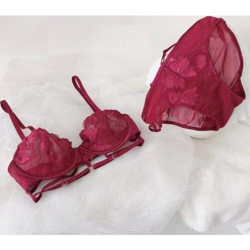 Sexy lace embroidery thin bra with briefs suit set underwire push up women underwear set adjustable ladies lingerie