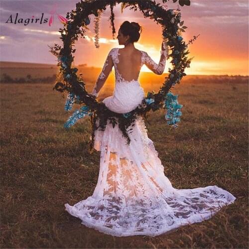 Ivory Lace Wedding Dress Long Sleeves Wedding gown Backless Bridal Gown Court Train Bridal Dress Size Custom Made vestido novia