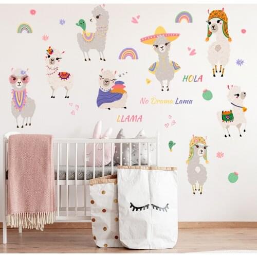 Baby Sheep English Cactus Wall Stickers Camels Alpacas DIY for Children Room Living Room Bedroom Creative Wall Decals PVC