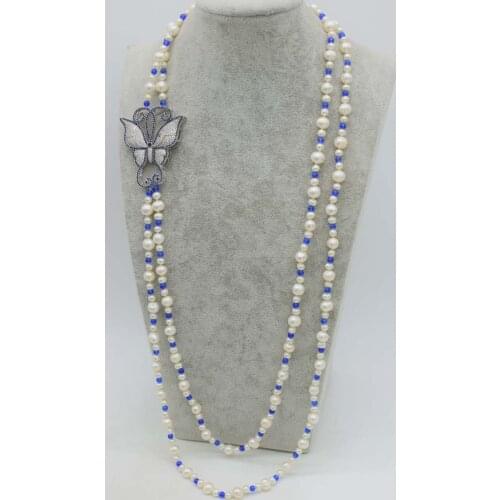 Wholesale 2rows freshwater pearl white round and blue jades stone beads round neklace 36-38inch butterfly clasp