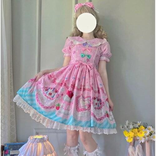 Victorian Sweet Lolita Strawberry Cake Sleeveless Bowknot Lace Princess Party Dress JSK Dress Girly Women Summer Kawaii Dresses