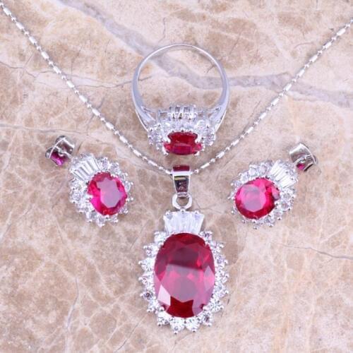 Amazing Red Cubic Zirconia White CZ Silver Plated Jewelry Sets Earrings Pendant Ring Size 6 / 7 / 8 / 9 / 10 /11 / 12 S0417