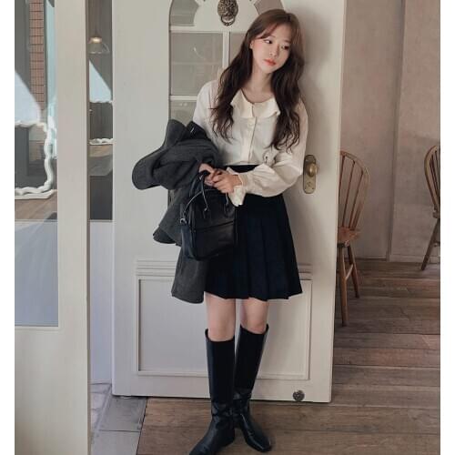 S-Xl New Girls Spring Vintage Girls Blouse Womens Shirt Long Sleeves Tops Black Skirts High Waist Two Piece Set Women Separate