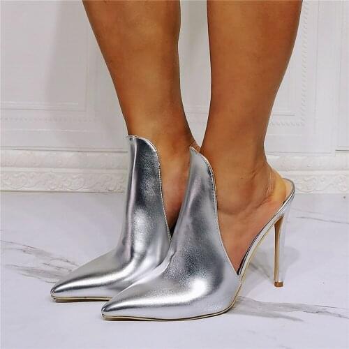 MKKHOU Fashion Sandals Womens New Summer Shoes Silver Pointed Strapless Ladies High-heeled Slippers Large Size 36-47