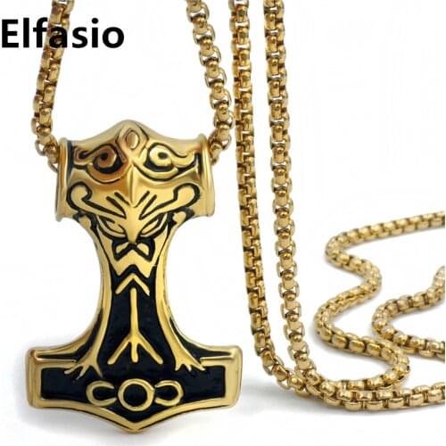 Mens Boys Silver Gold Myth Thors Hammer Norse Magick Mjolnir Pendant Necklace with Stainless steel Chain P293