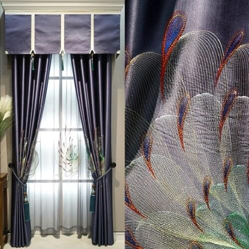 Modern Style Peacock Embroidered Curtains Finished Custom Blackout Curtains for Living Dining Room Bedroom