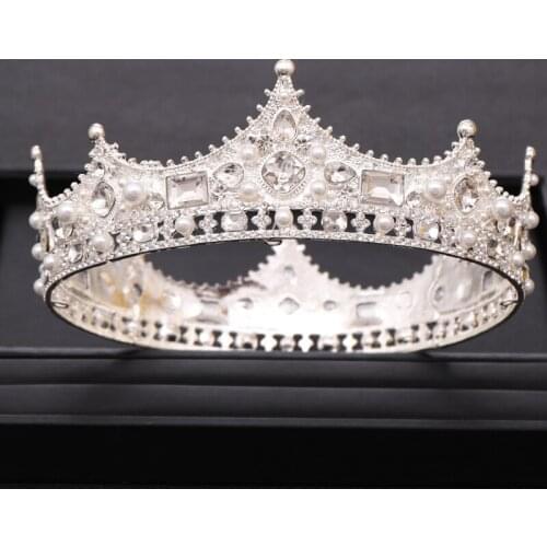 Vintage Crystal Pearl Round Baroque Bridal Tiara Crown Wedding Hair Accessories for Bridal King Diadem Headpiece Hair Jewelry
