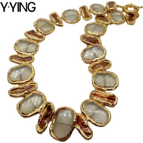 Y·YING natural Cultured Brown Biwa Pearl Lemon Quartzs Gold color Plated Edge choker Necklace 18" classic style for women
