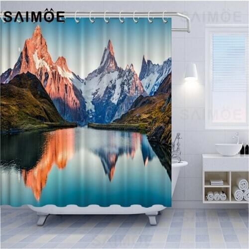 Snow Mountain Shower Curtain Fabric Waterproof Forest Meadow Flower Spring Bathroom Curtains Lake Reflection Bath Curtain Decor
