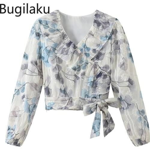 Bugilaku Ruffles V Neck Chiffon Shirts Women Slim Waist Lace Up Long Sleeve Blouse Female New Arrival Floral Printed Ladies Tops
