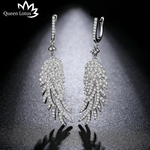 Queen Lotus 2018 Korean Earrings for Women Long Drop Earrings Jewelry Luxury Crystal Feather Dangle Earrings Adornment for Party