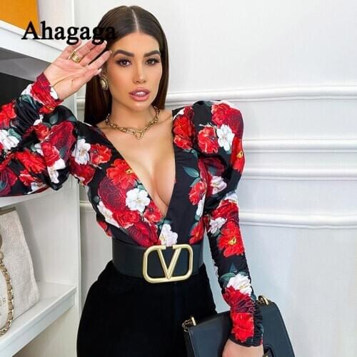 Ahagaga 2021 Spring Print Bodysuit Women Fashion Long Puff Sleeve Floral Deep V-Neck Skinny Bodycon Women Rompers Female Blusas
