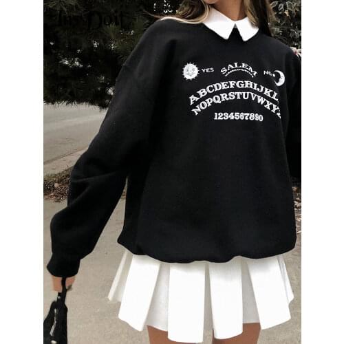 InsDoit Harajuku Vintage Letter Print Black Hoodies Streetwear Oversized Long Sleeve Hoodies Women College Autumn Long Tops