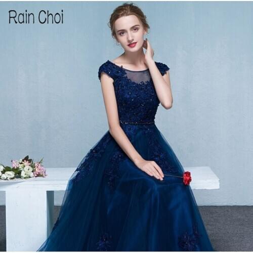 2021 Elegant Applique A Line Prom Gown Navy Blue Long Formal Evening dresses