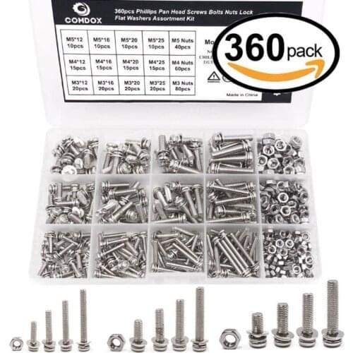 360-Pack 12 Sizes Pan Head Machine Screws Bolts Nuts Lock