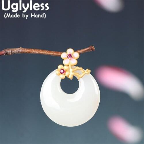 Uglyless Enamel Blue Plum Blossom Necklaces for Women Chalcedony Button Pendants NO Chains Solid 925 Silver Floral Jewelry P916
