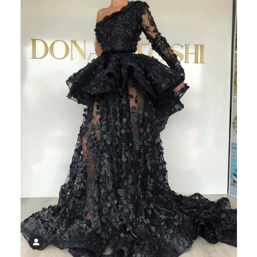 Black prom dresses 2019 peplum lace hand made flowers peplum 3d flowers a line evening dresses gowns arabic
