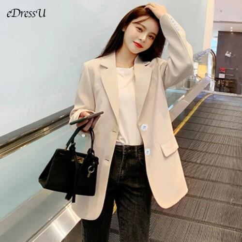 EDressU 2021 Woman Blazer Jacket Ivory Black Casual Suit Spring Summer Single Breasted Office Jacket Business Outwear ZX-4