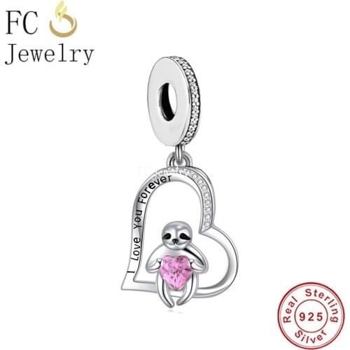 FC Jewelry Fit Original Charm Bracelet 925 Silver Sloth WIth Pink Heart Stone In Hands Bead For Making Women Berloque 2021 New