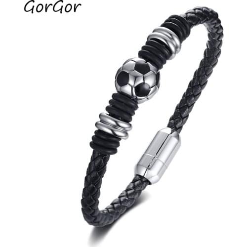 GorGor New Arrivals 20.5CM Black Color Titanium Steel Football Accessory Leather Bracelet for Fashion Men Jewelry Gift BL-447
