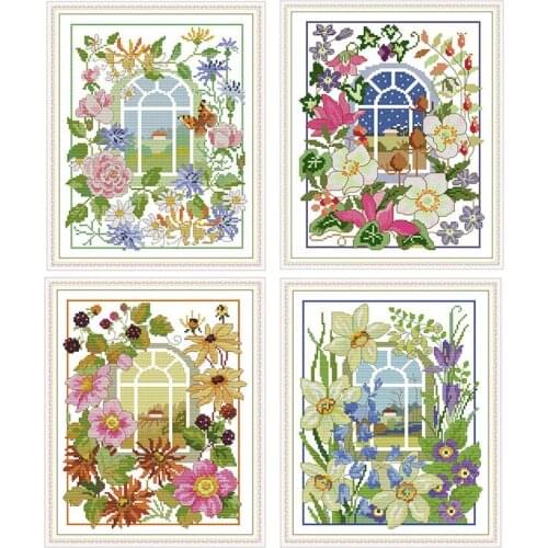 Joy Sunday Four Seasons Painting Scenery Cross Stitch Kits 14CT Canvas Printed Cross Stitch Embroidery Sets DIY Needlework DMC