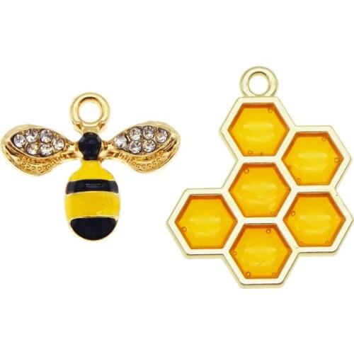 Julie Wang 4PCS Enamel Yellow Bee Honeycomb Charms Mixed Hive Honeybee Pendants Alloy Necklace Bracelet Jewelry Making Accessory