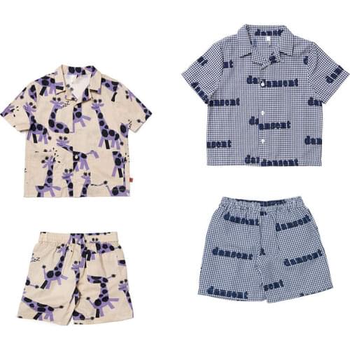 Presale 2021 spring and summer childrens Lapel Short Sleeve Shirt Shorts Set Boys' and girls' printed shirt shorts set