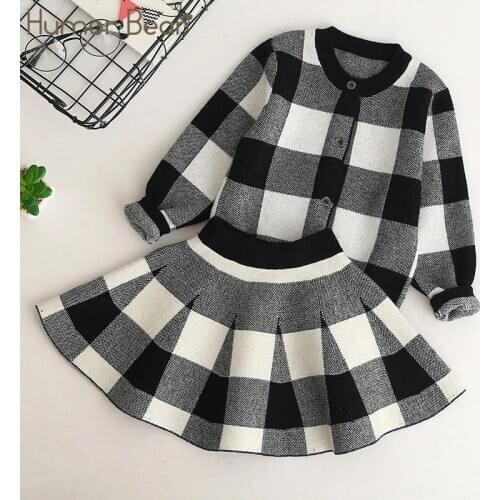 Humor Bear Autumn New Girls Clothing Sets Casual Long Sleeve Plaid Jackets+Skits 2Pcs Suits for Kids Set