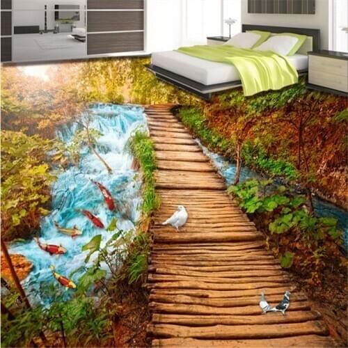 Beibehang Custom background beautiful waterfall water nine fish Figure 3D pigeon 3D painting waterproof waterproof thick floor
