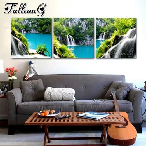 FULLCANG 5d diy diamond embroidery sale natural scenery lake triptych painting full square round mosaic pattern kit FC3660