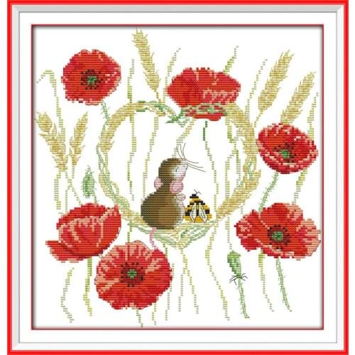Poppy and mouse position cross stitch kit 18ct 14ct 11ct count printed canvas stitching embroidery DIY handmade needlework