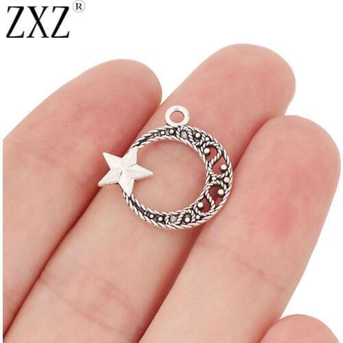 ZXZ 50pcs Tibetan Silver Crescent Moon & Star Circle Charms Pendants Beads for Bracelet Necklace Earring Jewelry Making Findings