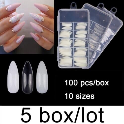 5 Boxes Per Lot 100Pcs/Box Long Almond False Nail Tips Full Cover Short Length Coffin 10 Sizes 3 Colors Fake Nails